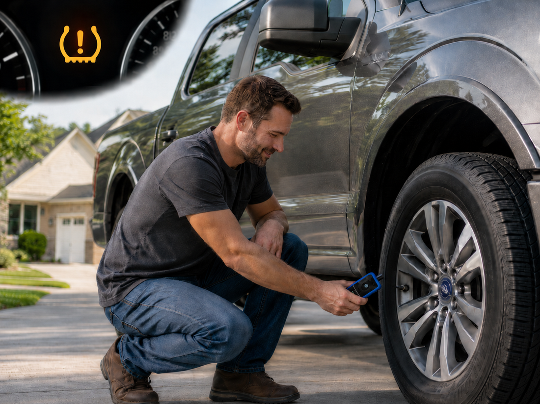 Ford F-150 TPMS relearn using U508 tool near tire valve stem for sensor activation