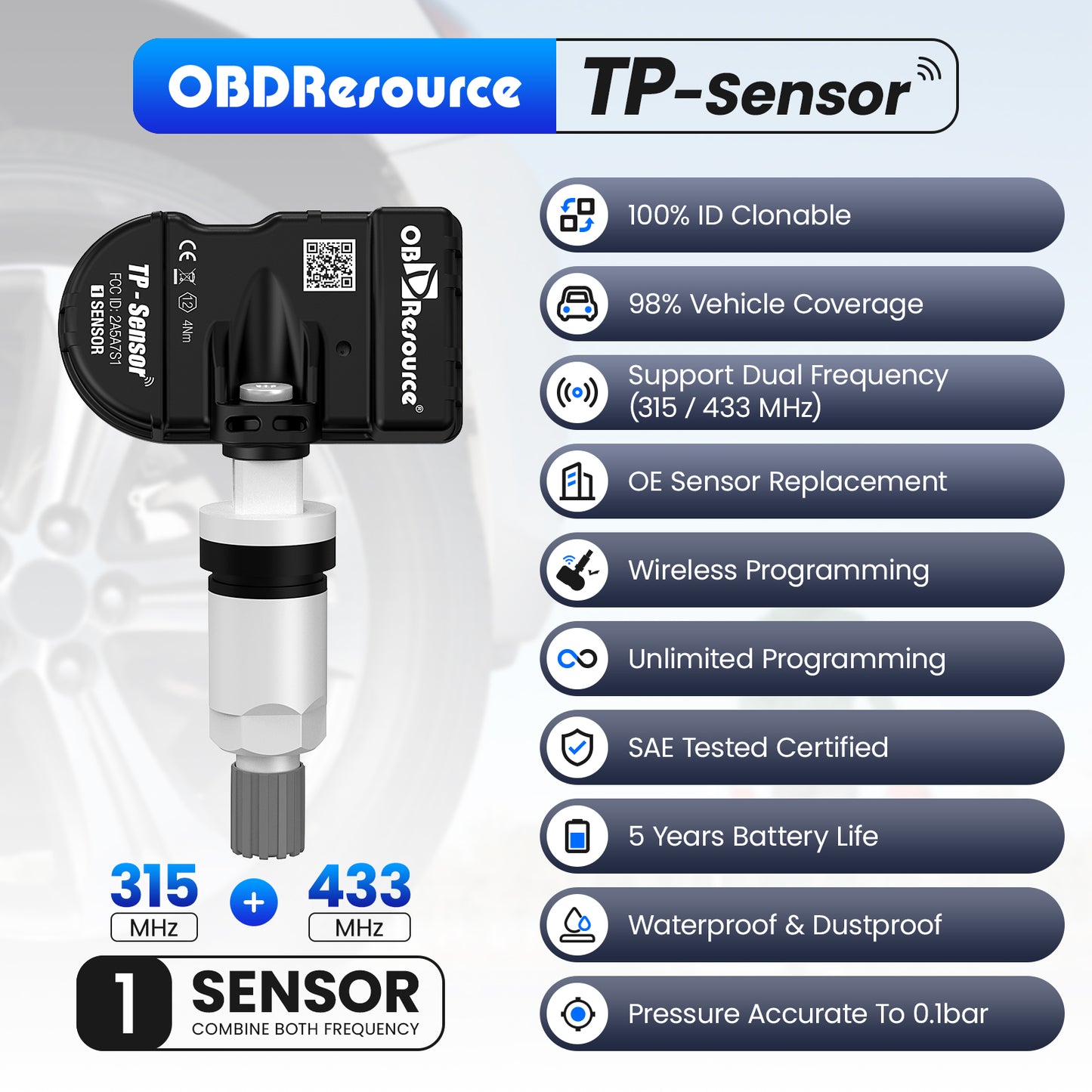 4-Pack Programmable TPMS Sensors 315MHz 433MHz 2-in-1 Fit for Universal Models