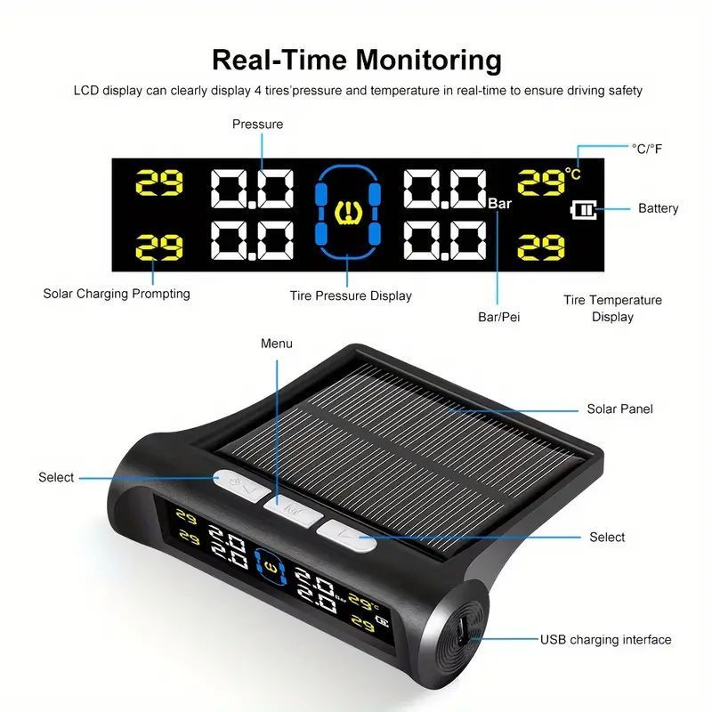Solar TPMS Monitor with 4 External Sensors for Cars for tire pressure service image 2