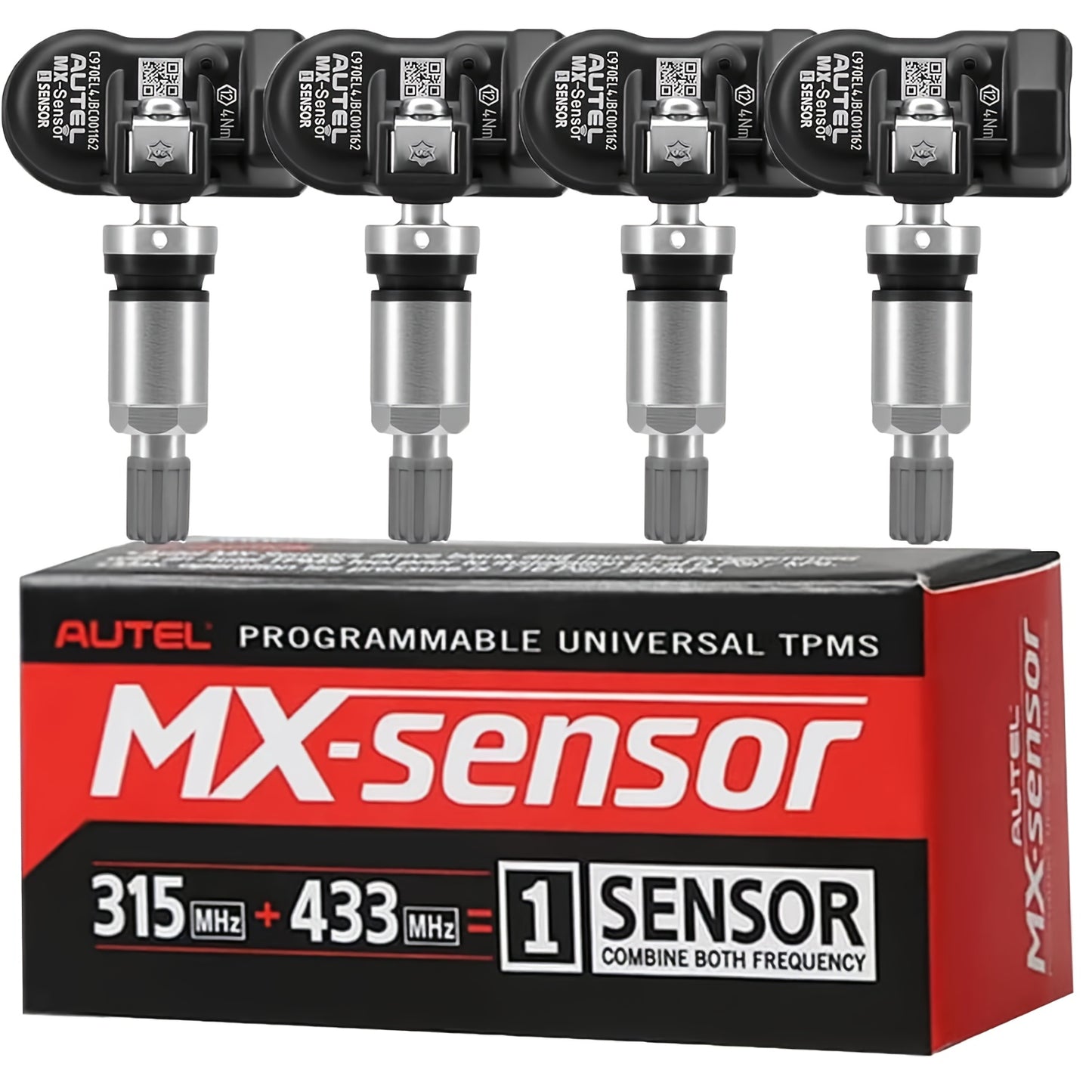 Autel MX-Sensor 4-pack 315 MHz and 433 MHz programmable TPMS sensors with metal stem style