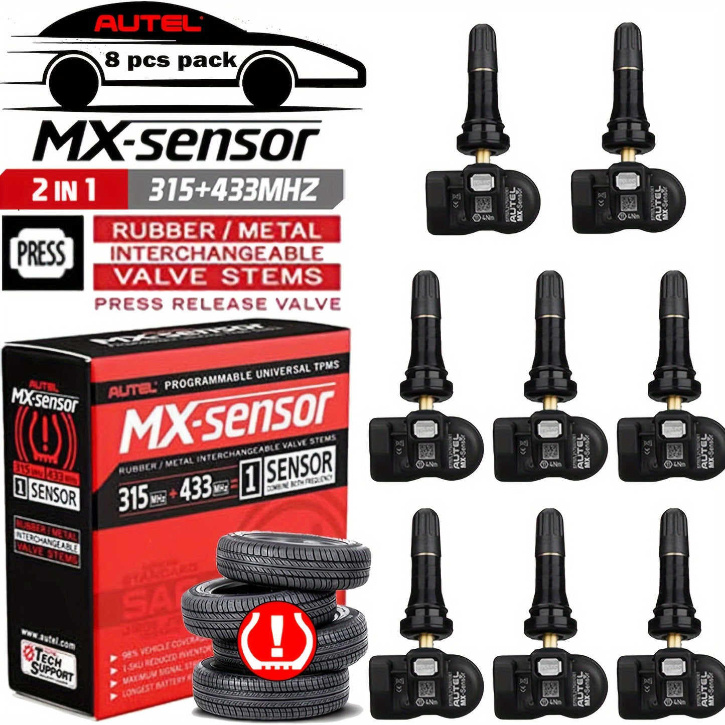 Autel MX-Sensor 8-pack 315 MHz and 433 MHz programmable TPMS sensors with rubber stems