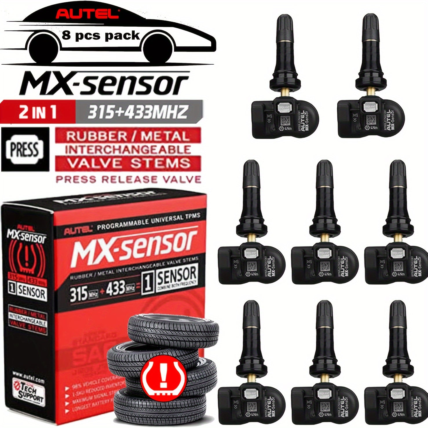 Autel MX-Sensor 8-pack 315 MHz and 433 MHz programmable TPMS sensors with rubber stems