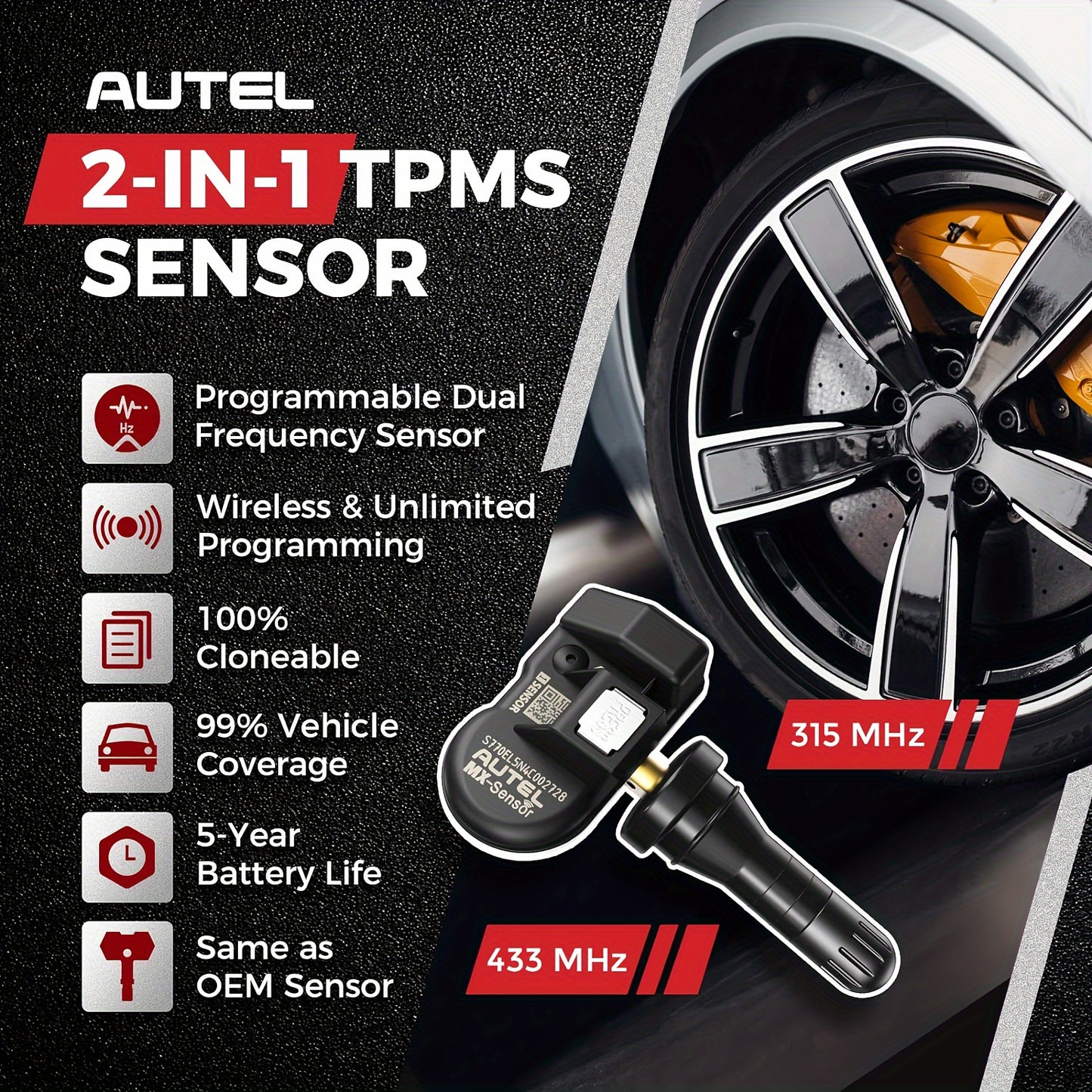 Autel MX-Sensor TPMS Sensors Set of 8 - 315/433 MHz Rubber Stem