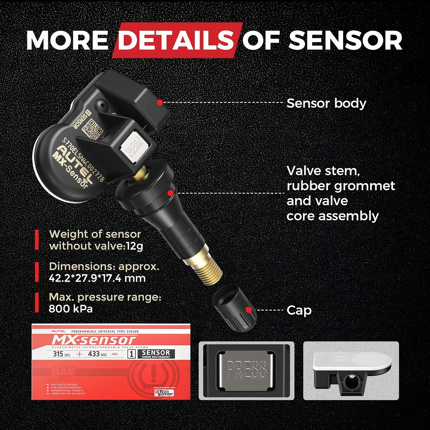 Autel MX-Sensor TPMS Sensors Set of 8 - 315/433 MHz Rubber Stem