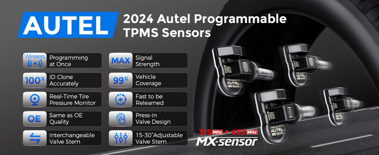 Autel MX-Sensor TPMS Sensors Set of 8 - 315/433 MHz Rubber Stem