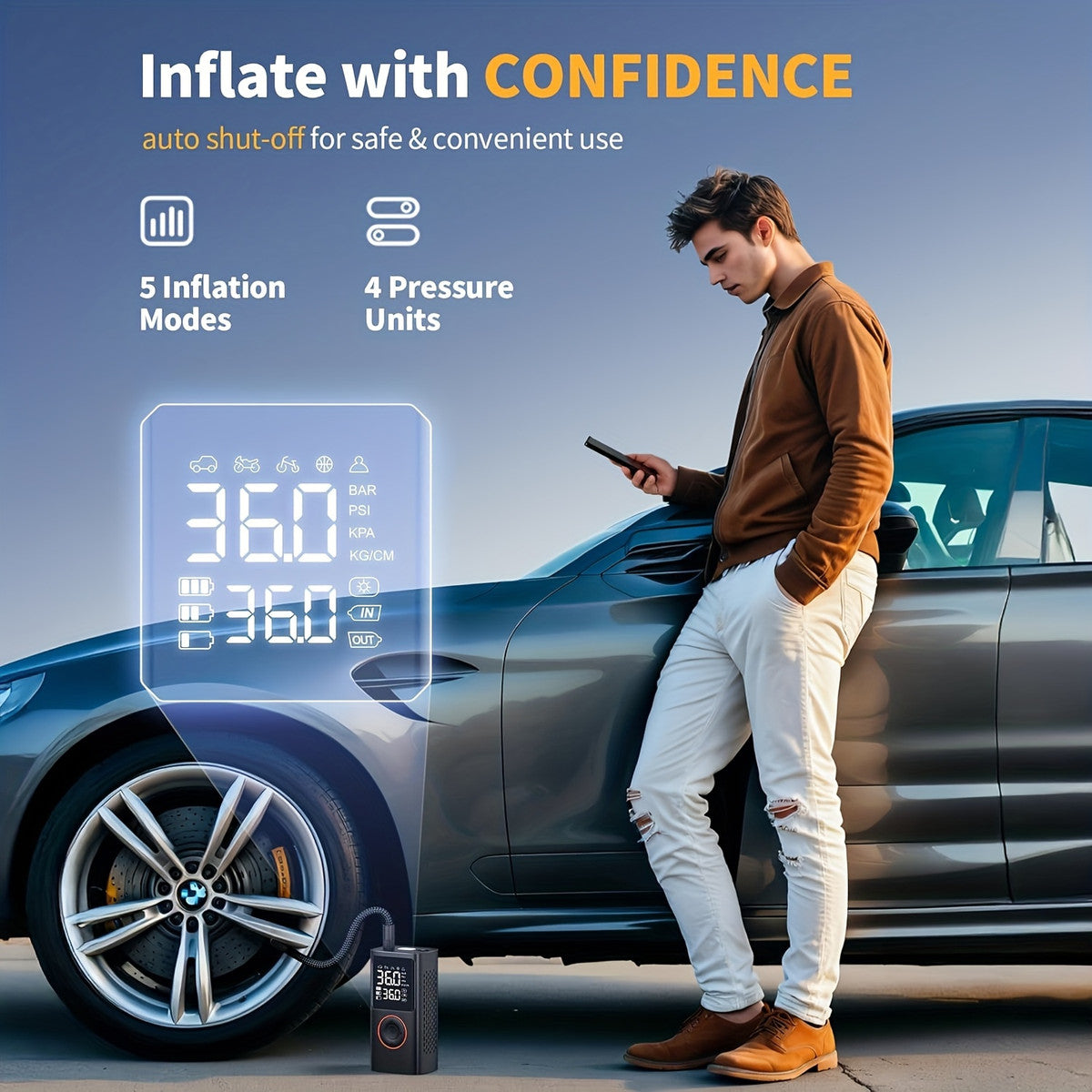 150 PSI Dual Display Cordless Tire Inflator with LED Light for tire pressure service image 2