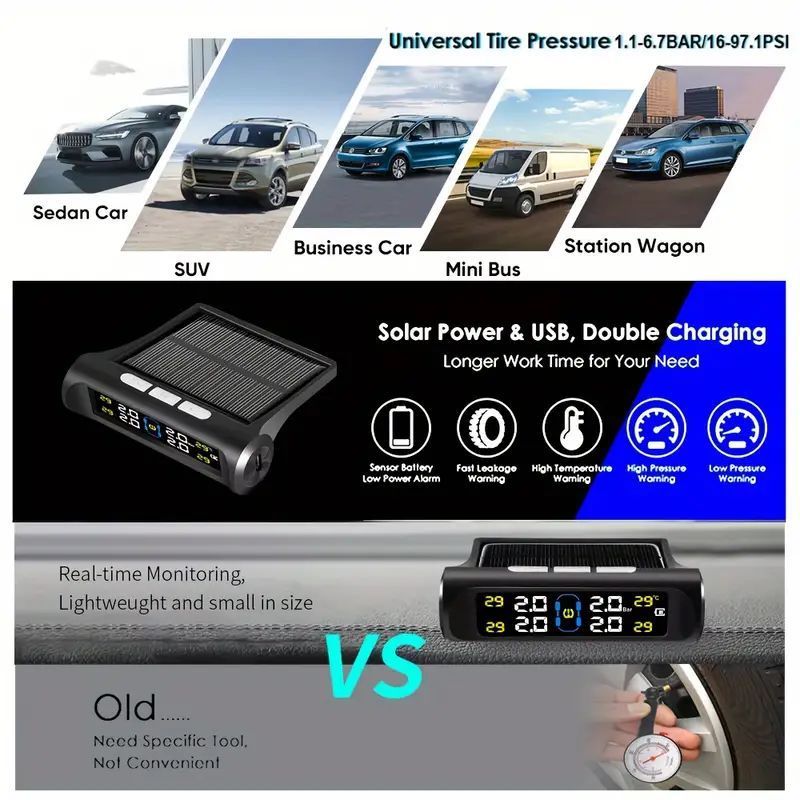 Solar TPMS Monitor with 4 External Sensors for Cars for tire pressure service image 4