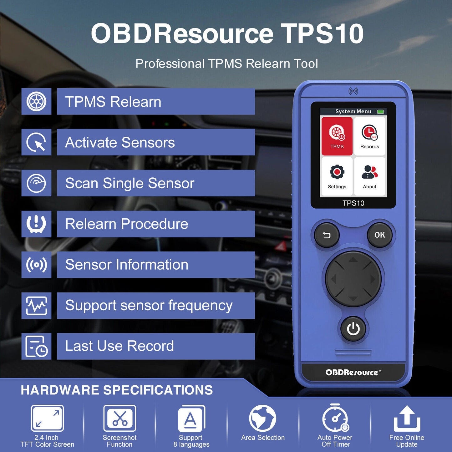 TPS10 Universal TPMS Relearn Tool - Tire Pressure Sensor Activation, Reset & Scan Tool (315/433 MHz)