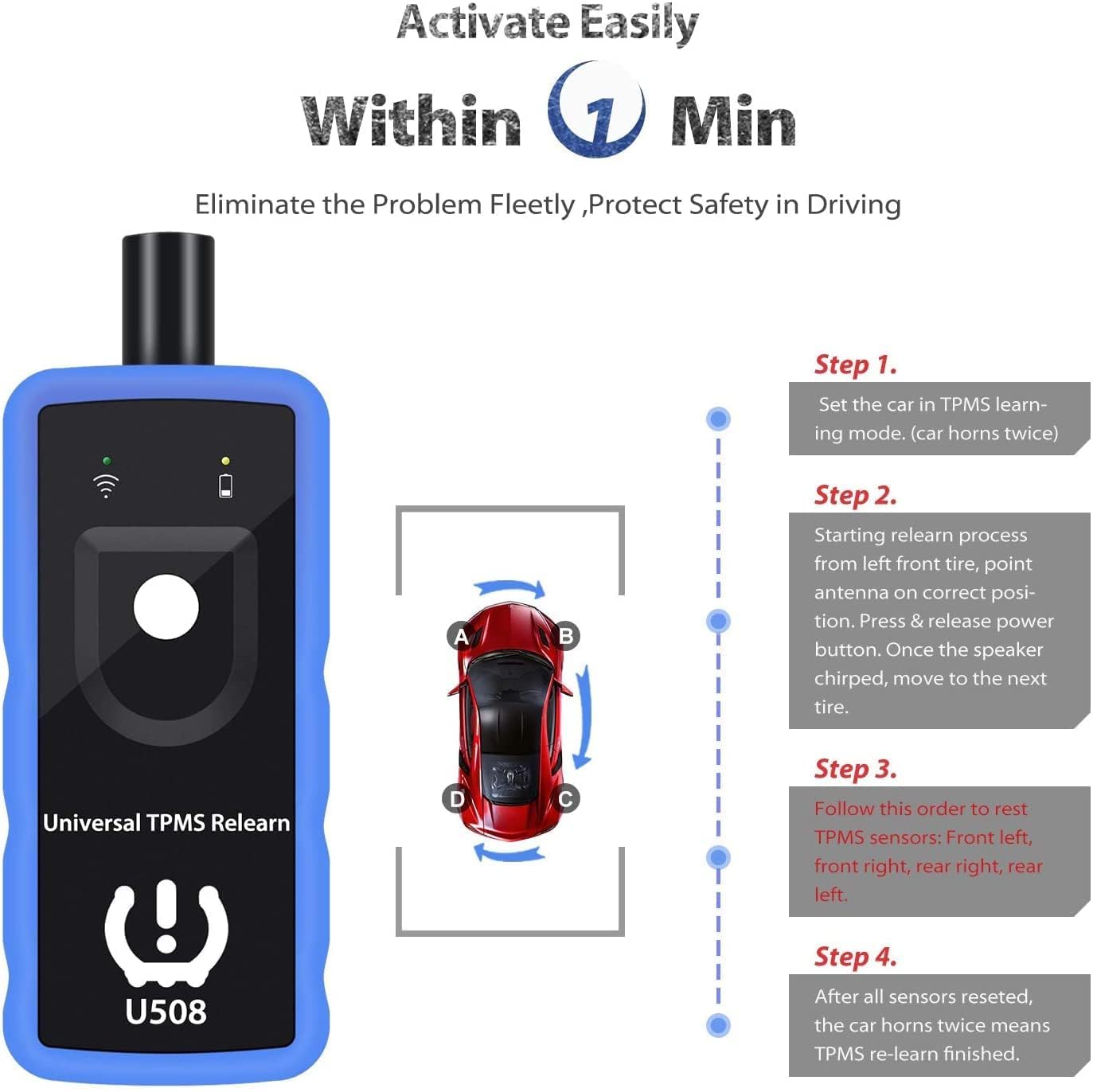 U508 Universal TPMS Relearn Tool - 315/433 MHz Tire Pressure Sensor Activation & Reset Tool