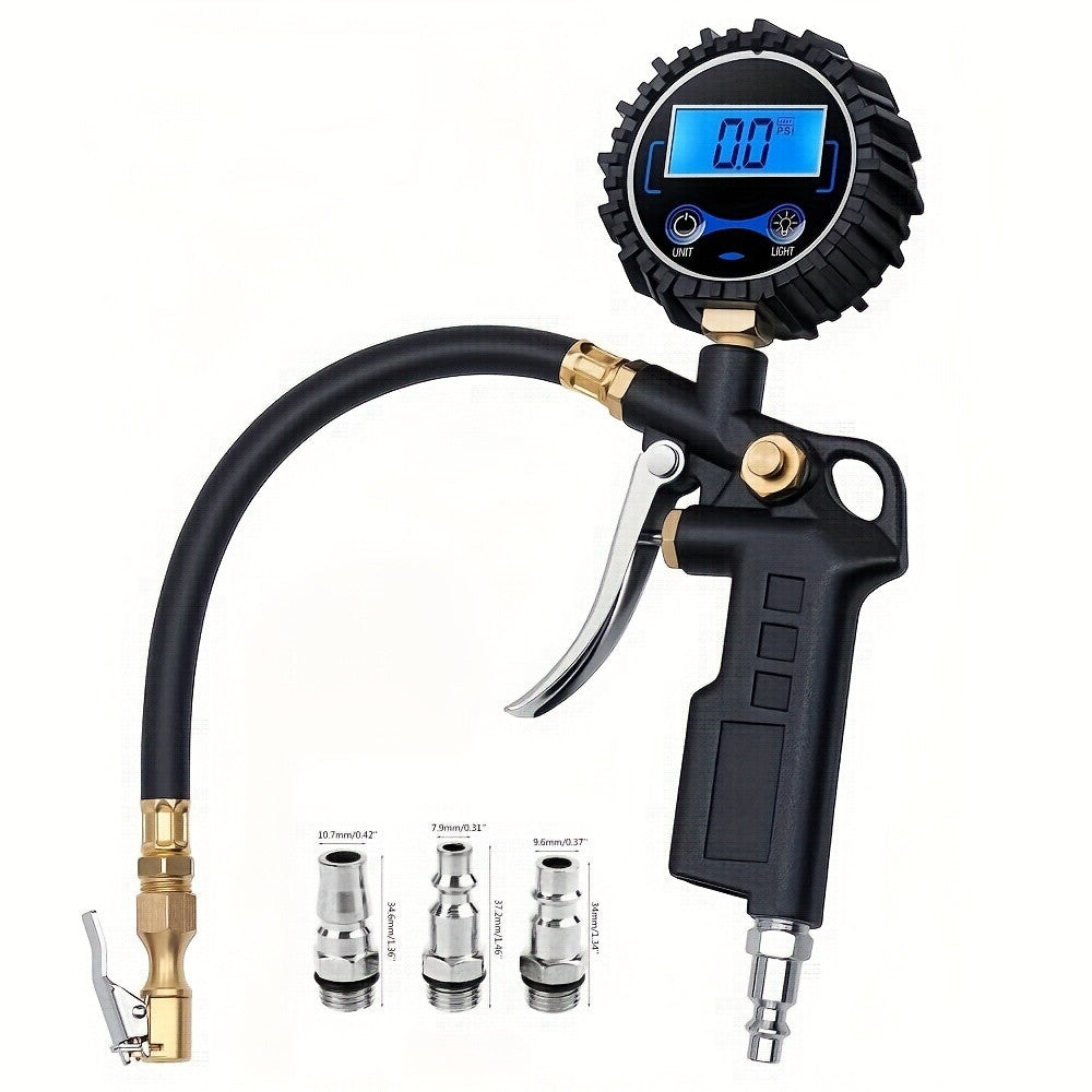 Digital tire inflator pressure gauge kit with 200 PSI display and three connector adapters
