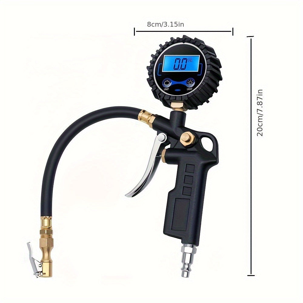 Digital tire inflator gauge connected to air compressor for inflate check pressure and deflate use