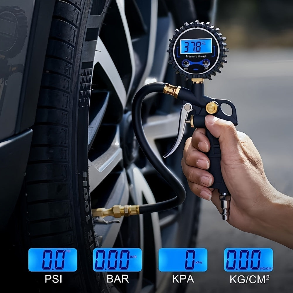 200 PSI digital tire inflator gauge showing PSI BAR KPA and KGF display units