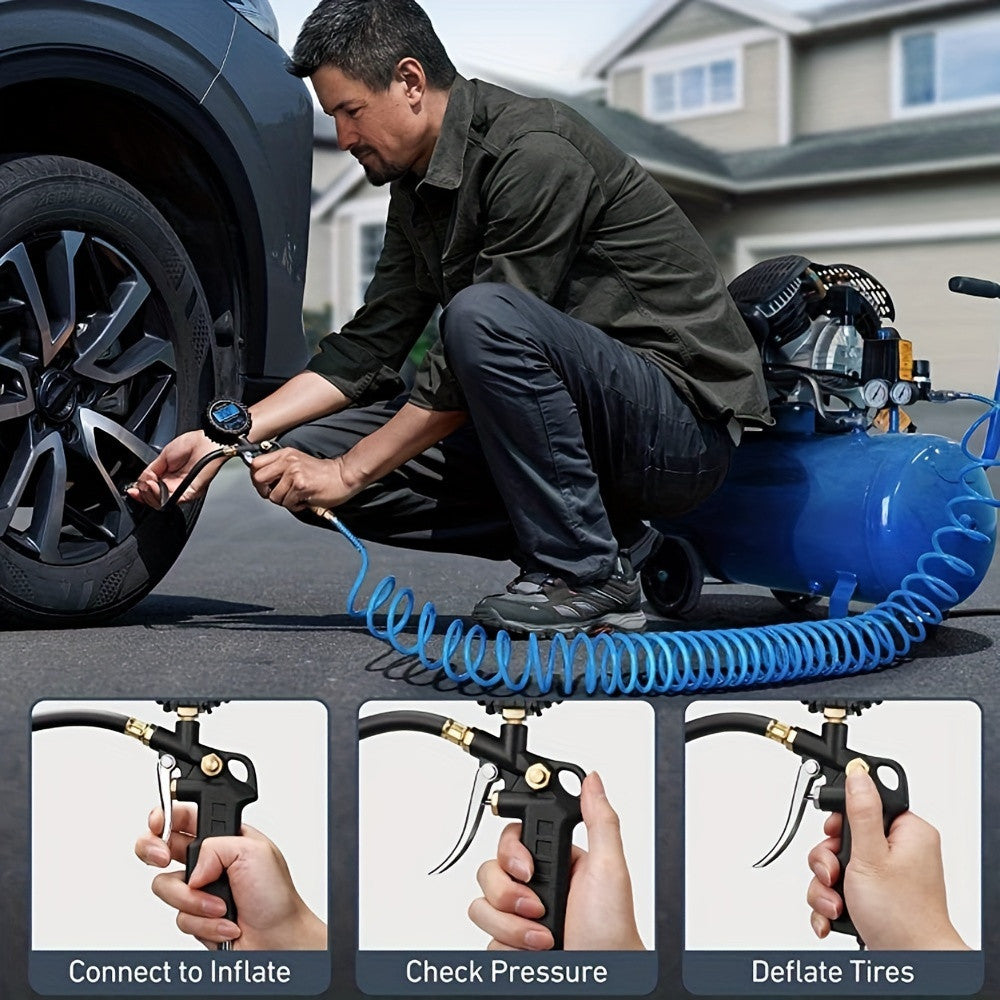 Digital tire inflator gauge connected to air compressor for inflate check pressure and deflate use