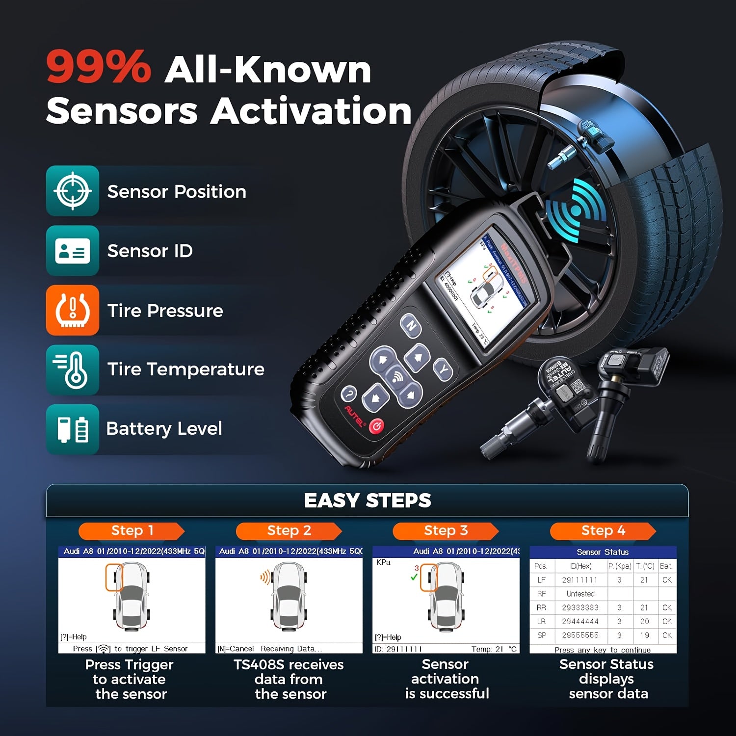Autel TS408S TPMS relearn and sensor programming tool for tire pressure service